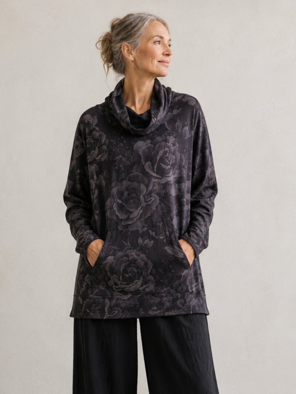 Eskandar Tonal Floral Funnel Neck Soft Tunic Oversized Gray Black Size 0